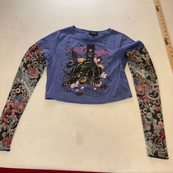 Ed Hardy Swallow 2fer Midnight Long Sleeve Crop T-Shirt Medium Y2K 2000s ERA New - Picture 2 of 5